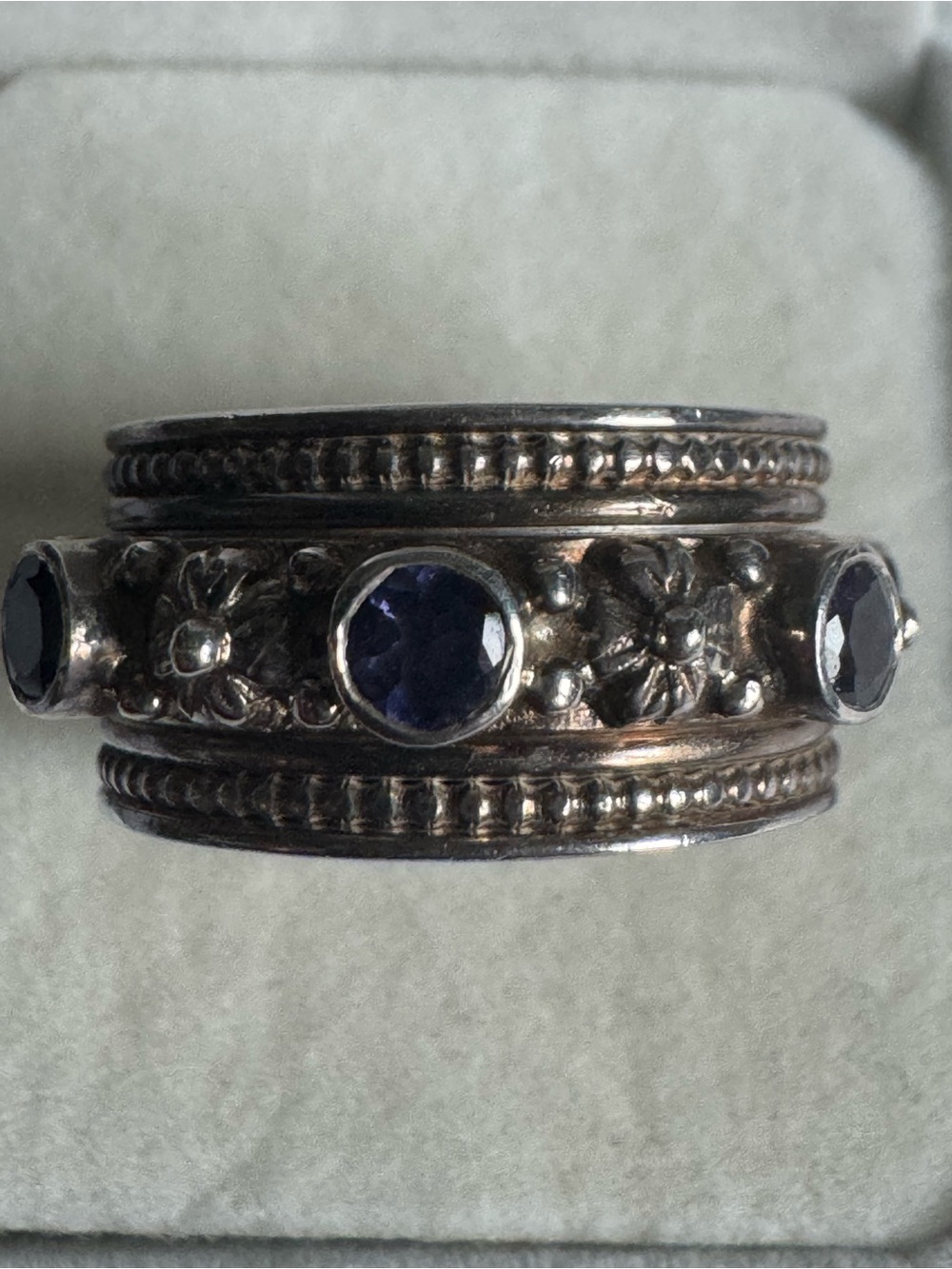 Vintage Handmade Nepal 925 Meditation Spinner Ring Blue Gemstone Floral Band 8.5